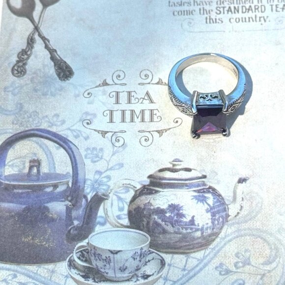 Vintage-Inspired Sterling Silver Ring With Amethyst Gemstone & Intricate Band 7 - Picture 8 of 10